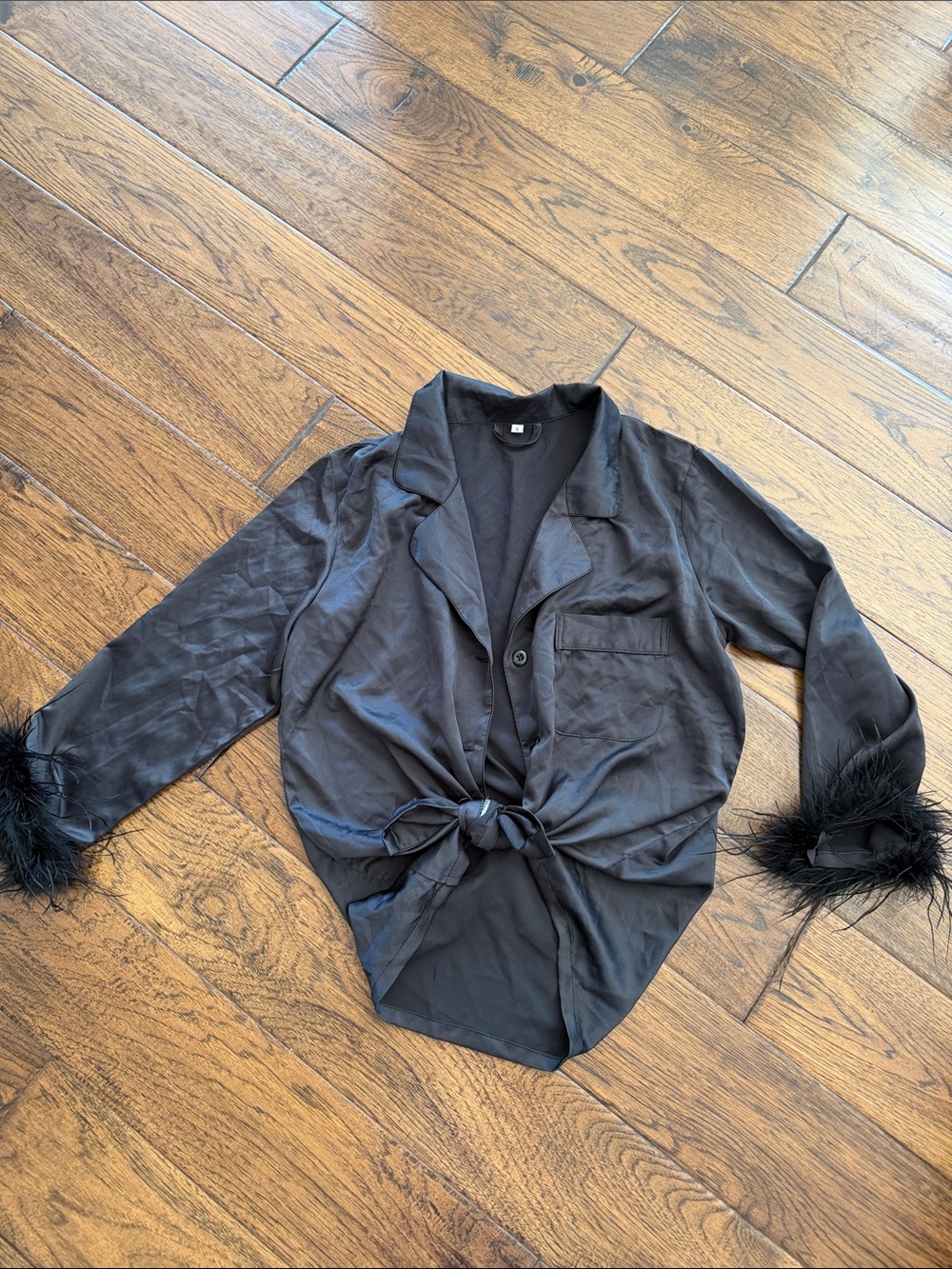 Black Feather-Cuff Satin Button-Front blouse